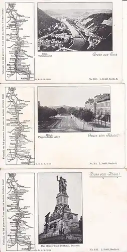 3 Ansichtskarte "Gruss vom Rhein" Bad Ems Bonn Niederwald-Denkmal ca. 1900