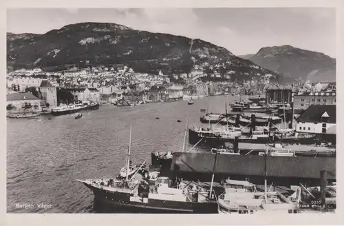 Ansichtskarte Bergen Norwegen Vågen Bucht Schiffe Hafen Foto ca. 1930