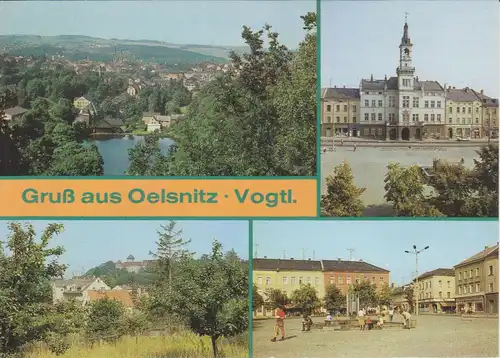 Ansichtskarte Oelsnitz Vogtland Mehrbildkarte Gesamtansicht Rathaus Markt 1989