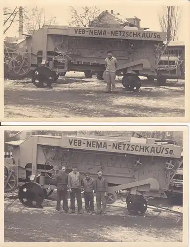 2 Orig. Fotos Arbeiter mit Dreschmaschine / Nema Netzschkau Vogtland ca. 1960