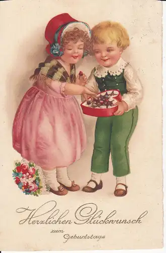 Ansichtskarte Glückwunschkarte Geburtstag Kinder mit Naschereien Pralinenschachtel 1927