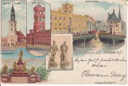 Ansichtskarte Berlin Rathaus Mühlendamm Lutherdenkmal / Farblitho 1897