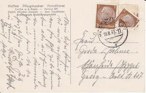 Ansichtskarte Calbe Saale Kaffee Konditorei Pflugmacher 1943
