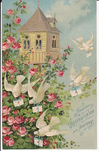 Ansichtskarte Prägekarte Glückwunschkarte Geburtstag Taubenhaus Brieftauben Rosen 1909