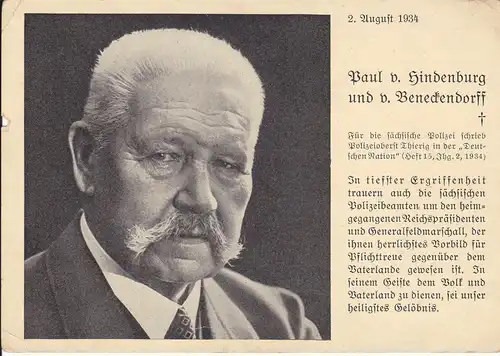 Postkarte Gedenken Tod Paul v. Hindenburg / Polizei-Kalender 1935