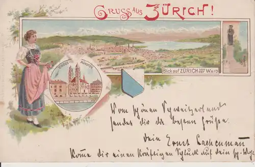 Ansichtskarte Zürich / Gesamtansicht Großmünster Tracht Farblitho 1896