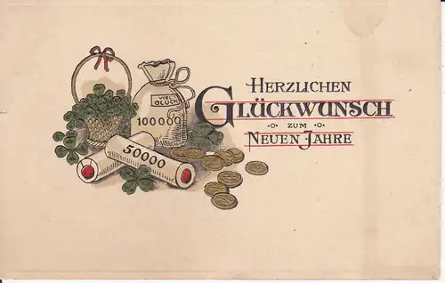 Ansichtskarte Glückwunschkarte Prägekarte Neujahr Geldsack Geldrollen ca. 1920