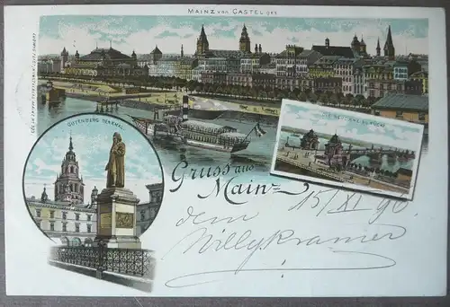 Ansichtskarte Mainz Rheinpanorama Gutenberg-Denkmal Rheinbrücke Farblitho 1896