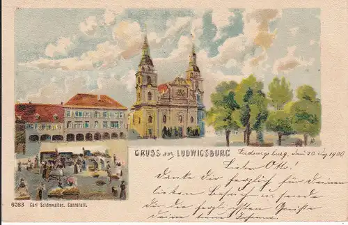 Ansichtskarte Ludwigsburg Marktplatz Stadtkirche / Künstlerkarte 1900