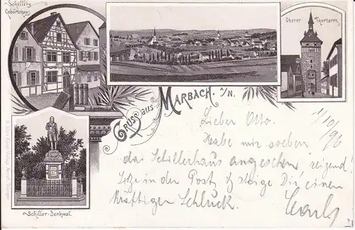 Ansichtskarte Marbach am Neckar Schiller Geburtshaus Denkmal Torturm / Lithographie 1896