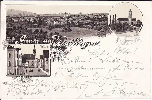 Ansichtskarte Waiblingen Panorama Kirche Rathaus Farblitho 1896