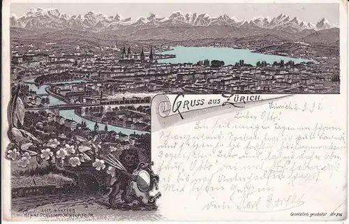 Ansichtskarte Zürich Gesamtansicht Alpen / Farblitho 1896