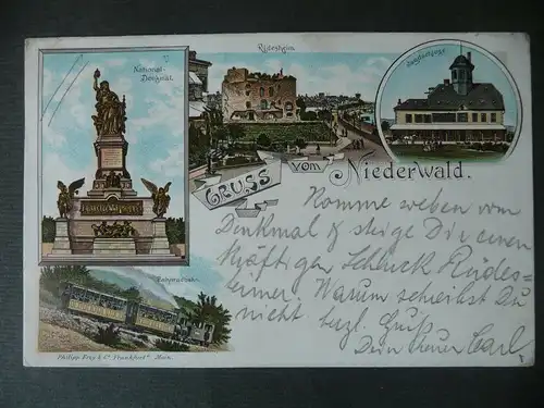 Ansichtskarte Niederwalddenkmal Rüdesheim Zahnradbahn / Farblitho 1896
