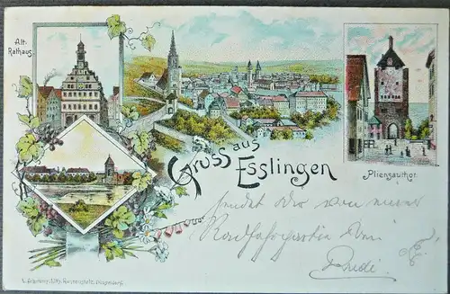 Ansichtskarte Esslingen Rathaus Blick über die Stadt Farblitho 1897
