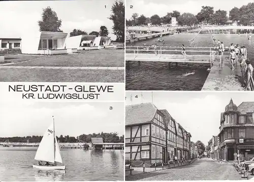 Ansichtskarte Neustadt-Glewe Mehrbildkarte Bungalowsiedlung Freibad Straßenansicht 1985