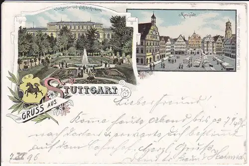 Ansichtskarte Stuttgart Stadtgarten Polytechnikum Marktplatz / Farblitho 1896