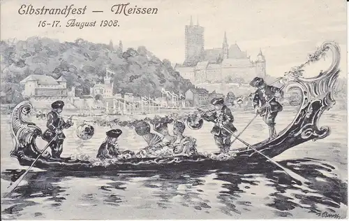 Ansichtskarte Meissen Elbstrandfest 1908 Gondelfahrt Zeichnung Künstlerkarte