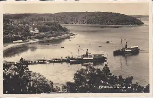 Ansichtskarte Glücksburg Ostsee Bucht mit Landesteg Schiffe Foto ca. 1930