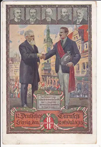 Ansichtskarte 12. Deutsches Turnfest Leipzig "Herz und Hand" Farblitho 1913