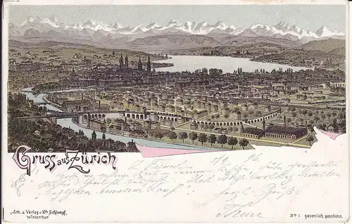 Ansichtskarte Zürich Gesamtansicht Alpen Zürichsee / Farblitho 1896