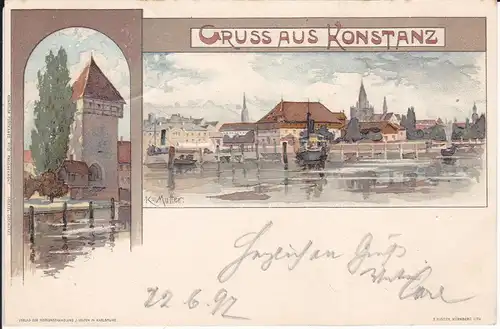 Ansichtskarte Konstanz Panorama Rheintorturm / Künstlerpostkarte K. Mutter 1897