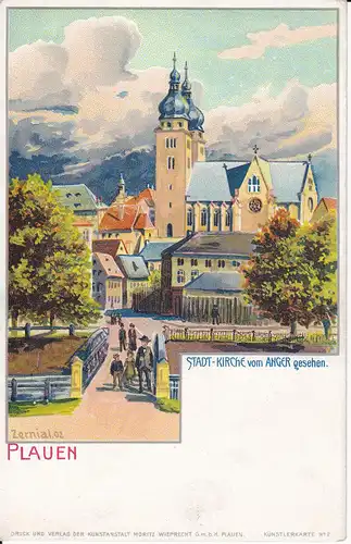 Ansichtskarte Plauen Stadtkirche Johanniskirche Anger / Künstlerpostkarte Zernial ca. 1905