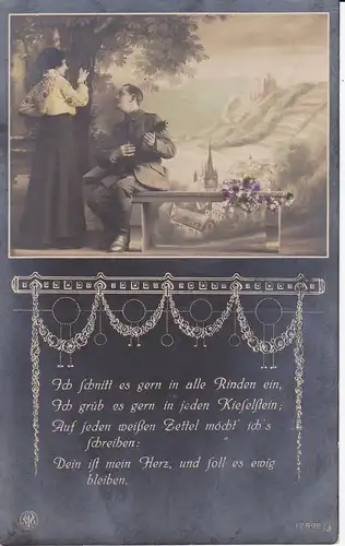 Ansichtskarte Foto Spruchkarte Liebespaar "Ich schnitt es gern in alle Rinden ein" NPG 1917