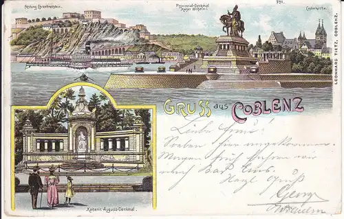 Ansichtskarte Koblenz / Coblenz Festung Ks.-Wilhelm Kaiserin-Augusta-Denkmal Farblitho 1898