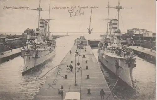 Ansichtskarte Brunsbüttelkoog Schleusen mit Panzerkreuzern Elbe Kanal WKI