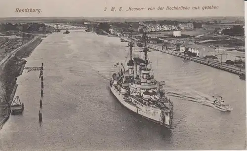 Ansichtskarte Rendsburg  Hochbrücke SMS Hessen Nord-Ostsee-Kanal 1927