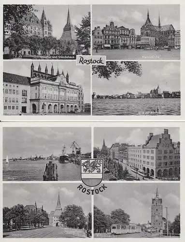 2 Ansichtskarte Rostock Mehrbildkarten Steintor Marienkirche Hafen usw. 1958