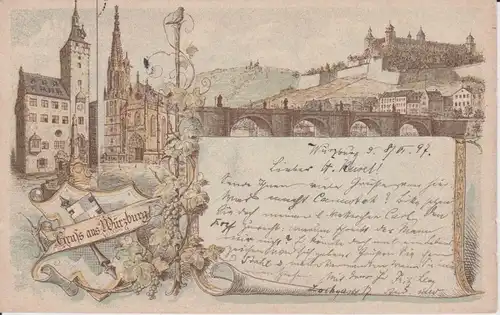 Ansichtskarte Würzburg Rathaus Mainbrücke 1897