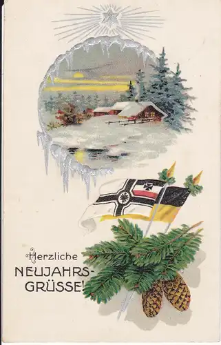 Ansichtskarte Glückwunschkarte Neujahr Fahnen Patriotika Erster Weltkrieg Feldpost 1915