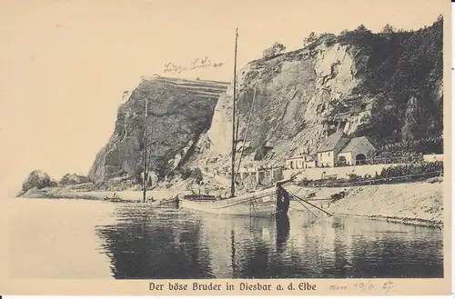 Ansichtskarte Diesbar D.-Seußlitz Böser Brider mit Schiff Elbe 1927