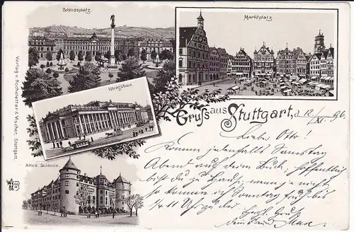 Ansichtskarte Stuttgart Schlossplatz Marktplatz Königsbau Altes Schloss / Lithographie 1896