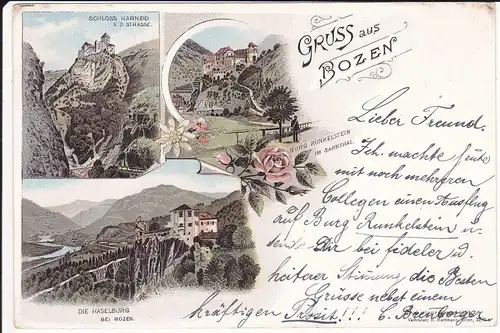 Ansichtskarte Bozen / Bolzano Schloss Karneid Haselburg Runkelstein Farblitho ca. 1900