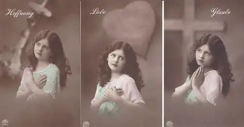 3 Ansichtskarte Glaube Liebe Hoffnung Mädchen-Porträts kolorierte Fotos RKL
