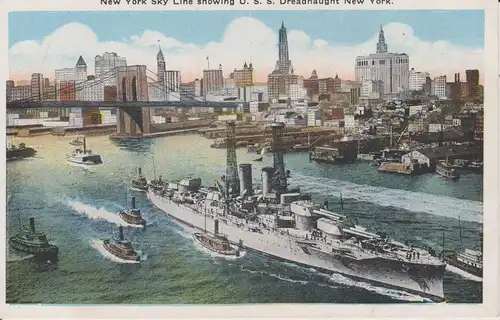 Ansichtskarte New York Skyline mit Kriegsschiff Dreadnought ca. 1915