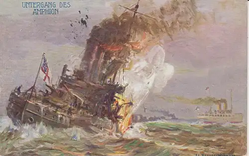 Ansichtskarte Kunstpostkarte Untergang Kreuzer Amphion WK I / Krause-Wichmann 1915