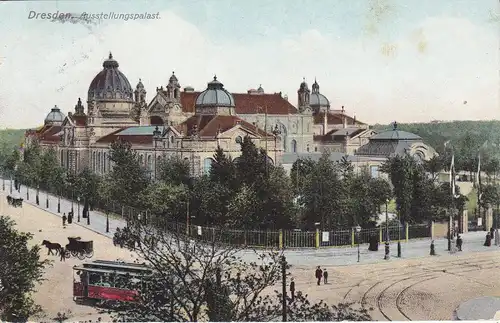 Ansichtskarte Dresden Ausstellungspalast Straßenbahn 1909