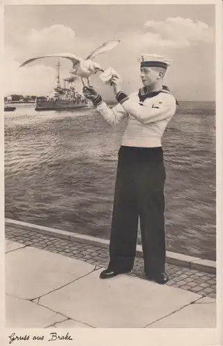 Ansichtskarte Matrose mit Möwe Brief Hafen Brake ca. 1940