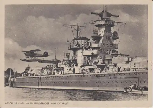 Ansichtskarte Panzerschiff Abschuss Wasserflugzeug Katapult Panzerschiff Admiral Scheer