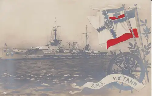 Ansichtskarte S.M.S. Von der Tann Kreuzer Kriegschiff Kaiserl. Marine Foto und Fahnen