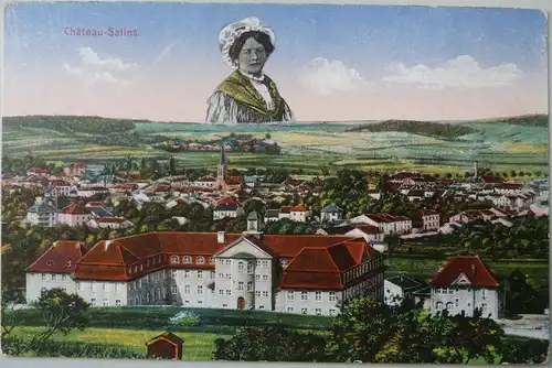 Ansichtskarte Chateau-Salins Stadtansicht Frau Tracht Riesin am Horizont 1917
