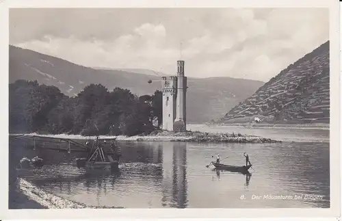 Ansichtskarte Bingen a. Rhein Mäuseturm Anlegestelle Fischerboot Foto ca. 1930