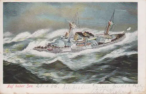 Ansichtskarte Kunstpostkarte Kriegsschiff im Sturm "Auf hoher See" 1906