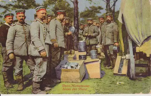 Ansichtskarte Erster Weltkrieg Soldaten beim Marketender / Feldpost 1916