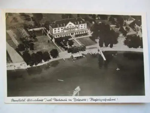 [Echtfotokarte schwarz/weiß] Strandhotel Löchnerhaus Insel Reichenau im Bodensee (Flugzeugaufnahme)
Strandhotel  Insel Reichenau im Bodensee, Seeterrasse, eigenes Strandbad / Fernspr. Nr. 17. 