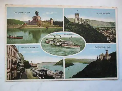 [Lithographie] Das deutsche Eck / Schloß Lahneck / Rheindampfer / Partie am Rheinufer / Schloß Stolzenfels. 