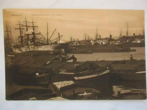 [Lithographie] Hamburg Oberländerkähne m Hafen. 